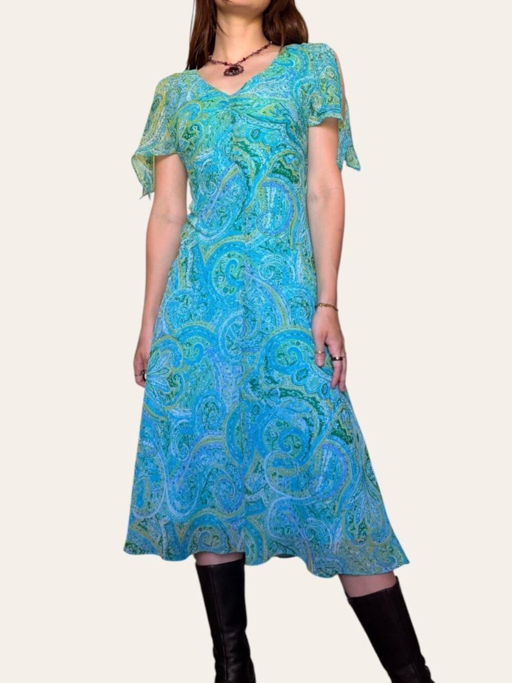 Y2k vintage Dressbarn blue/green paisley chiffon flutter sleeve fairy dress - Picture 2 of 8